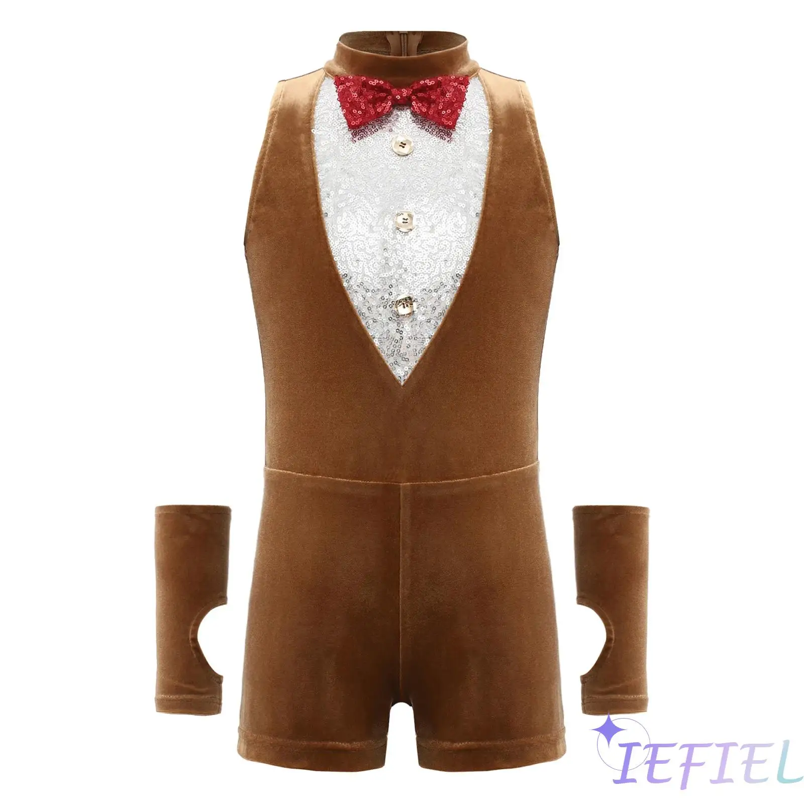 

Kids Reindeer Christmas Costume Sparkly Sequins Mock Neck Sleeveless Bow Tie Jumpsuit Xmas Cosplay Bodysuit with Oversleeves