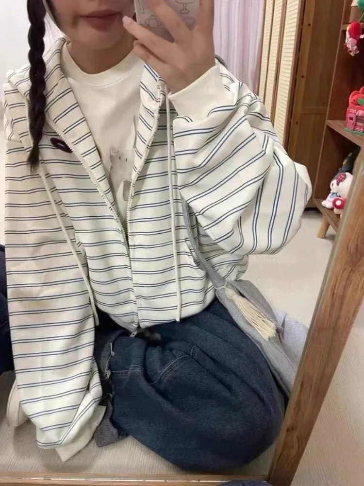 Deeptown Vintage Striped Sweatshirts Women Oversized Casual Korean Style White Zipper Hoodies Harajuku Fashion Hooded Sweatshirt