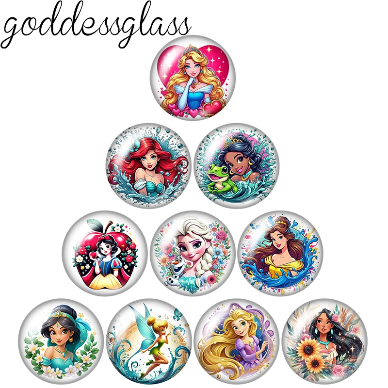 Disney Princesses Belle Tinker Elsa Snow white 12mm/18mm/20mm/25mm Round photo glass cabochon flat back Making findings keychain
