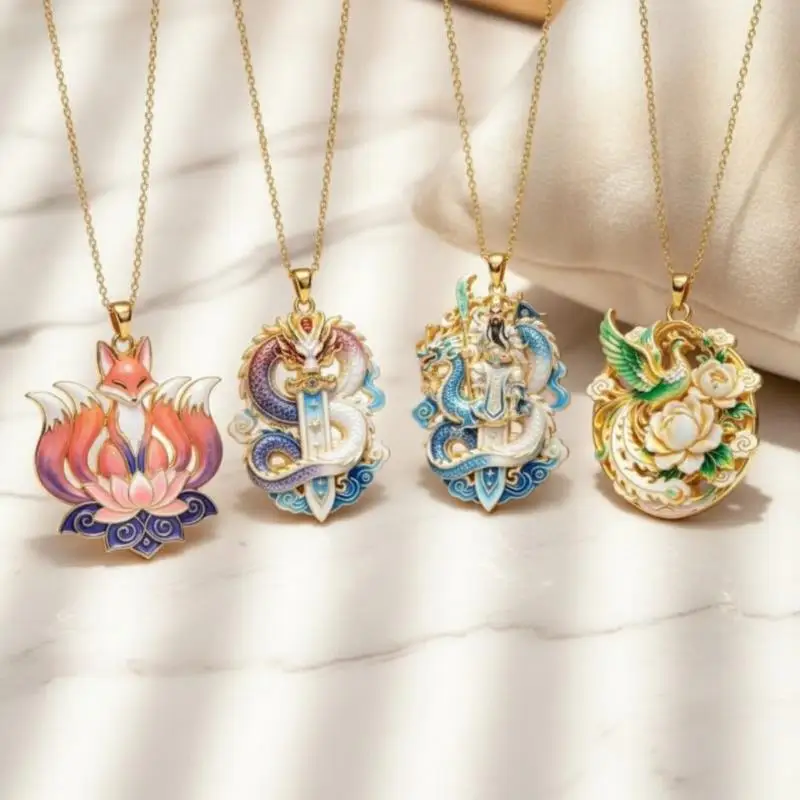 Nine Tailed Fox Enamel Pendant Necklace Traditional Chinese Mythology Element 1PC Fashion Jewelry for Women Holiday Gift