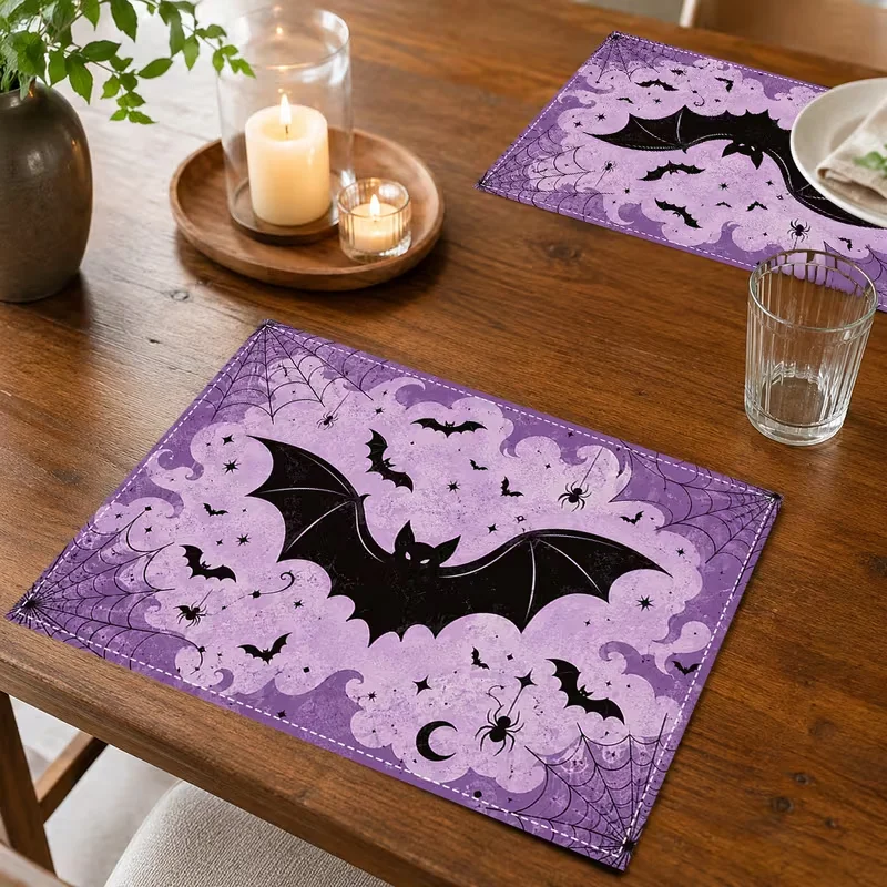 Halloween Spider Web Black Spiders Printed Table Mat Vintage Horror‑Style Decorative Placemat for Dining Table Kitchen Indoor