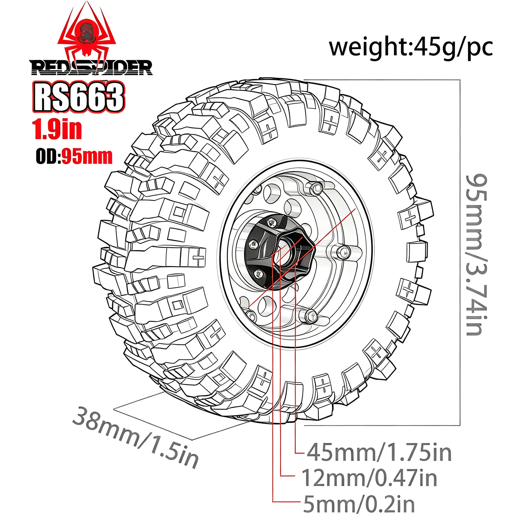 RED SPIDER 4Pcs 95mm 1.9 RC Rubber Tire & Colorful Metal Beadlock Wheel Set Foam Inserts Replacement For 1/10 RC Rock Crawler