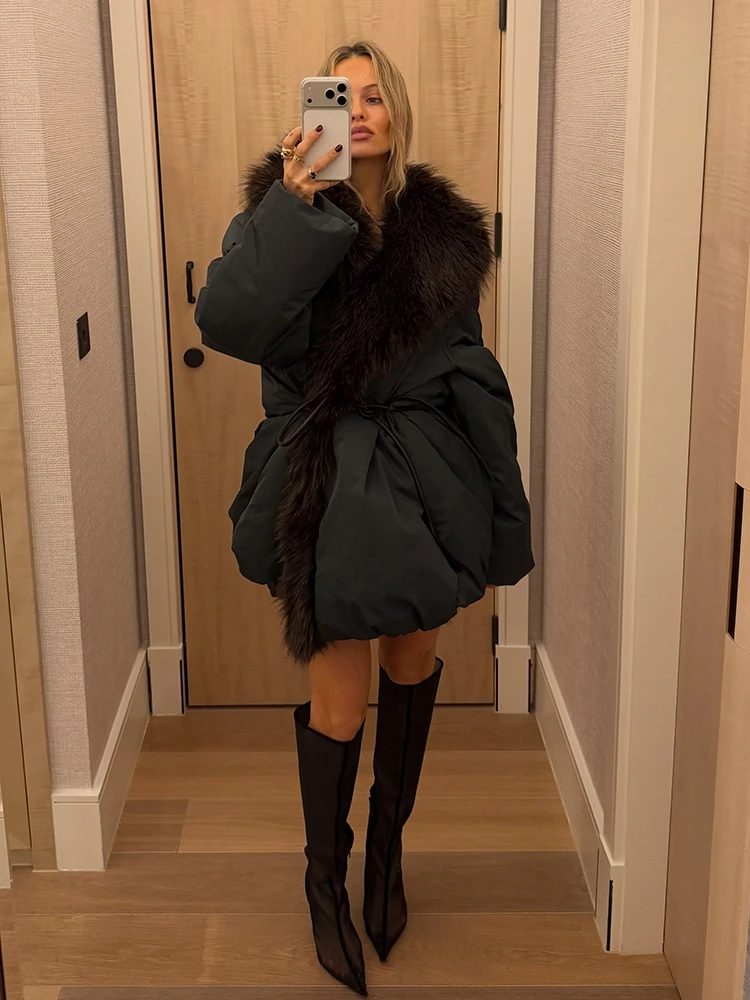 Thicken Faux Fur Collar Wrap Cotton Jackets Women Belt Short Bubble Pocket Loose Padded Coats Warm Winter Daily Street Outerwear