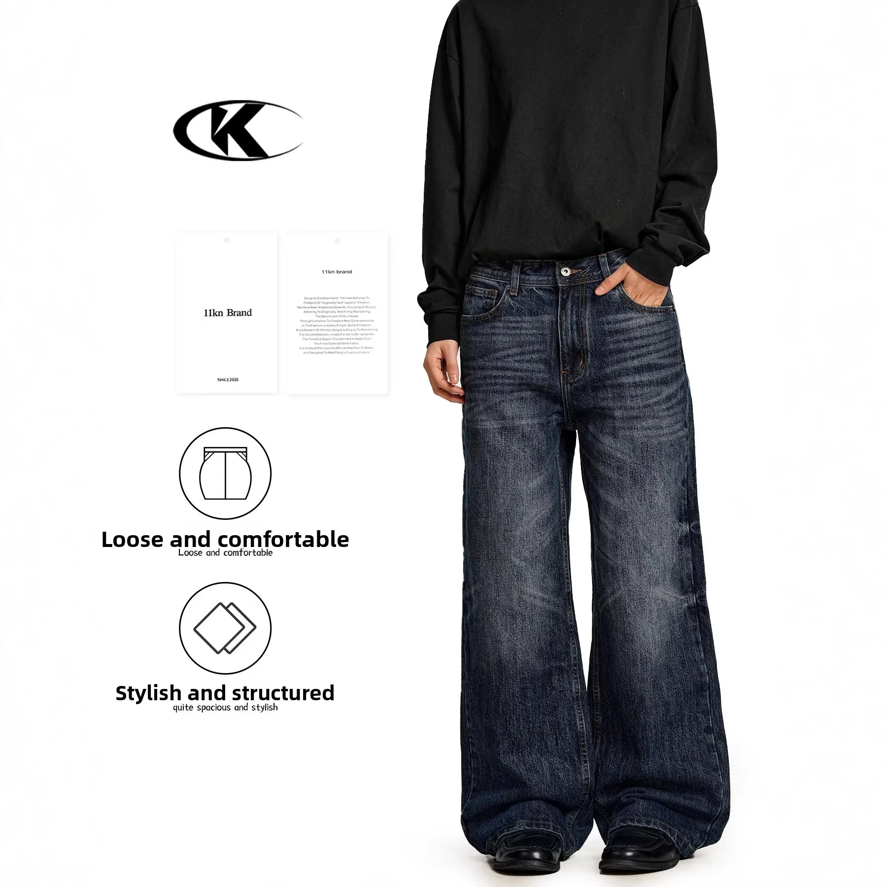 

Ретро-джинсы в американском стиле, широкие прямые джинсы с эффектом потертости, унисекс, свободный крой, универсальные, из денима, в стиле Cleanfit.