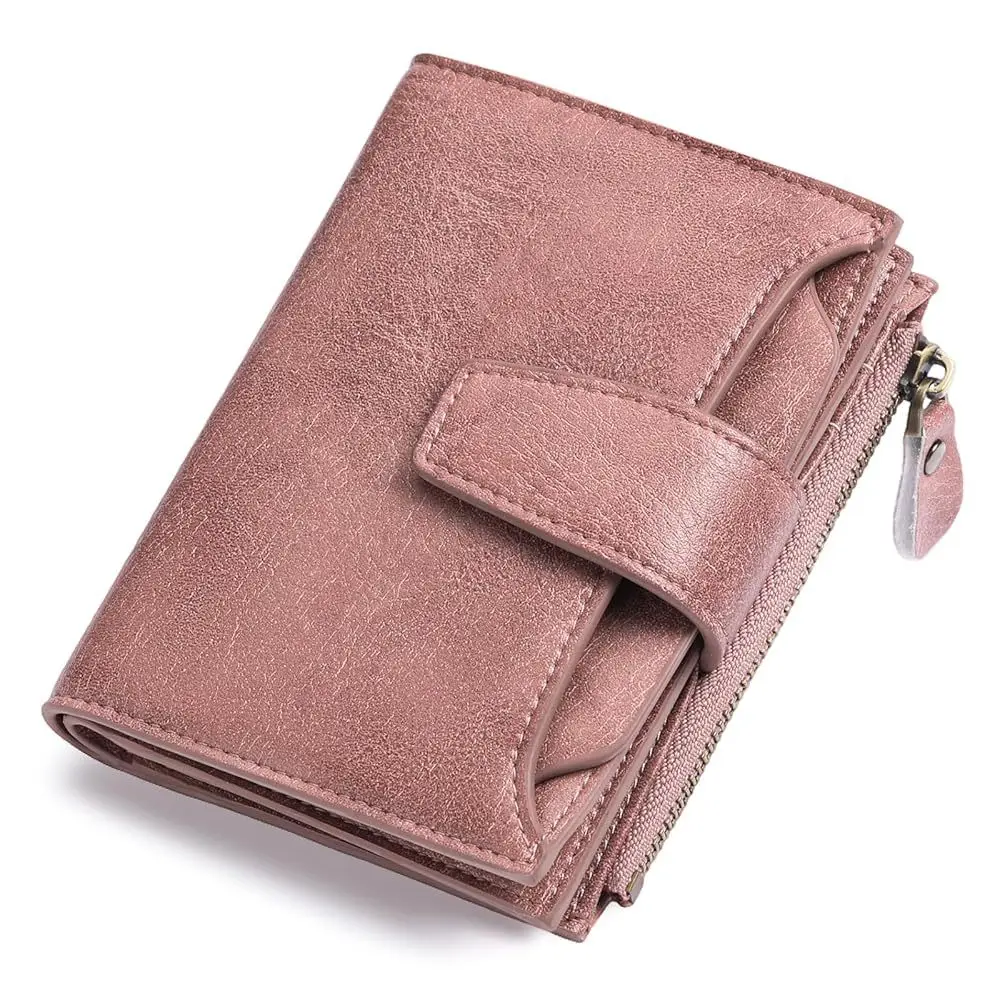 RFID Blocking Short Wallet for Women Card Holder Zipper Coin Purse Small Hasp Ladies Clutch Bag Retro Multi Pocket Billfold
