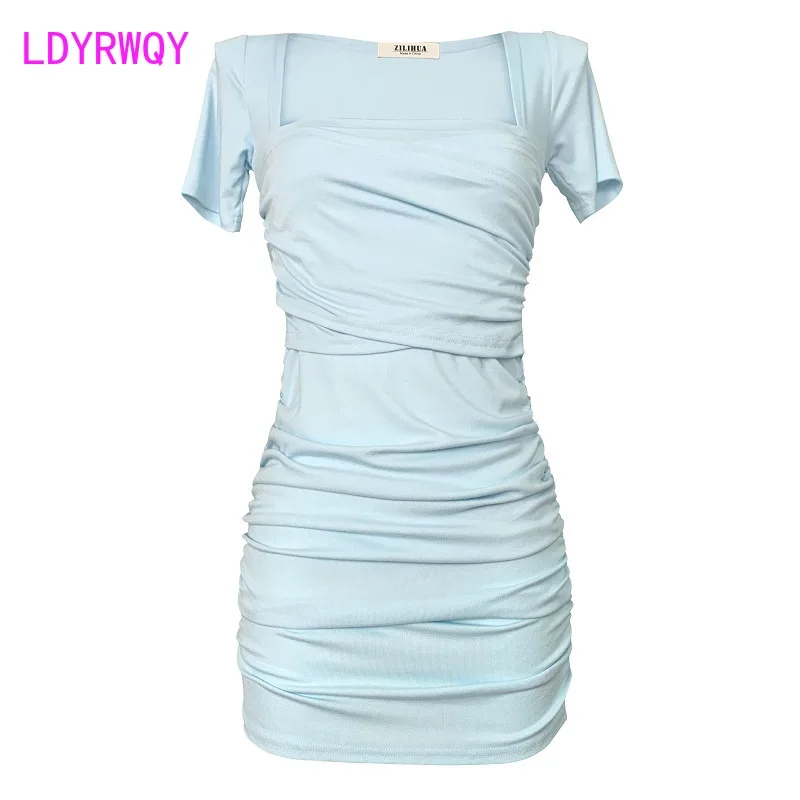 Korean fashion temperament slim square collar sexy figure fold hip short sleeve dress female