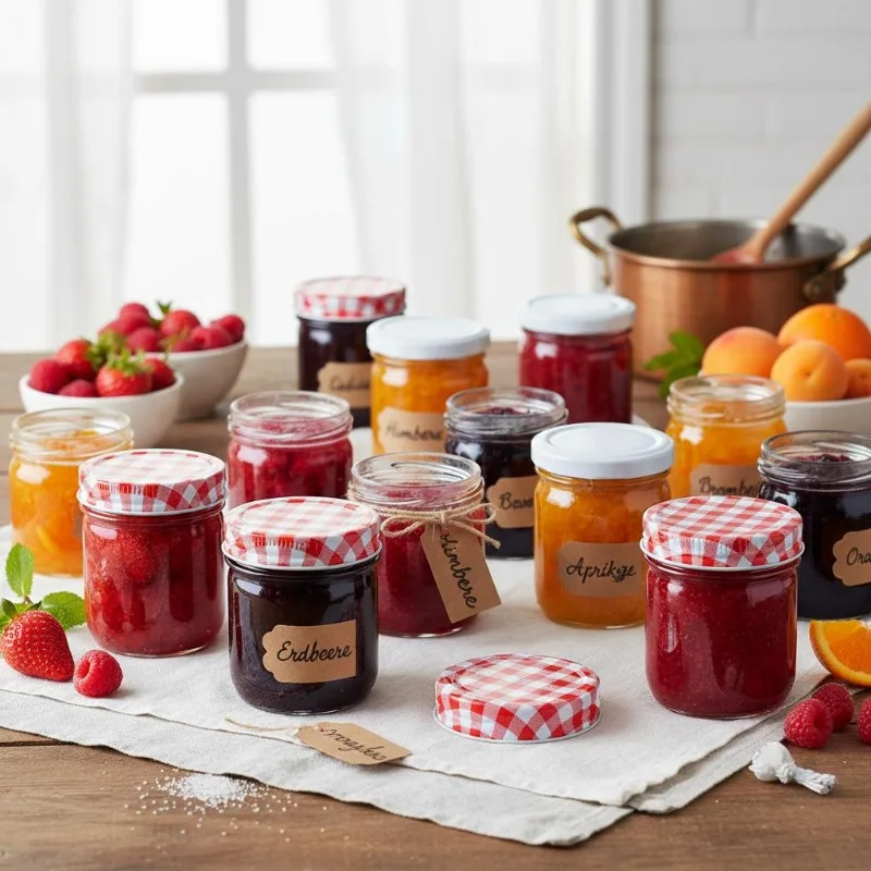 48 tarros de cristal para mermelada con tapas blancas y rojas de 110 ml. Ideales para conservar chutneys, mermeladas, cornichones y salsas.