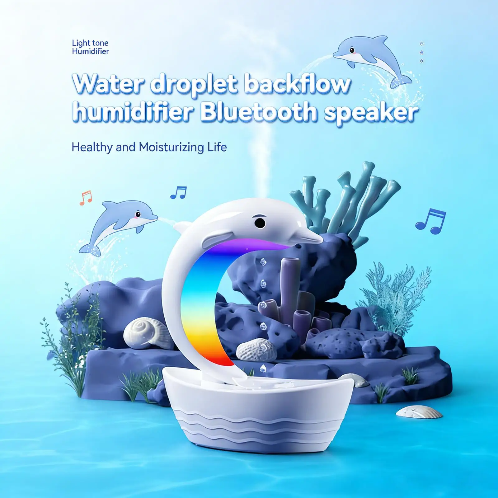 

Dolphin 3-in-1 Humidifier Cat Water Dispenser Speaker, Anti-Gravity Water Drop, Anti-Dry-Out, Colorful Light, Lamp Night Lights