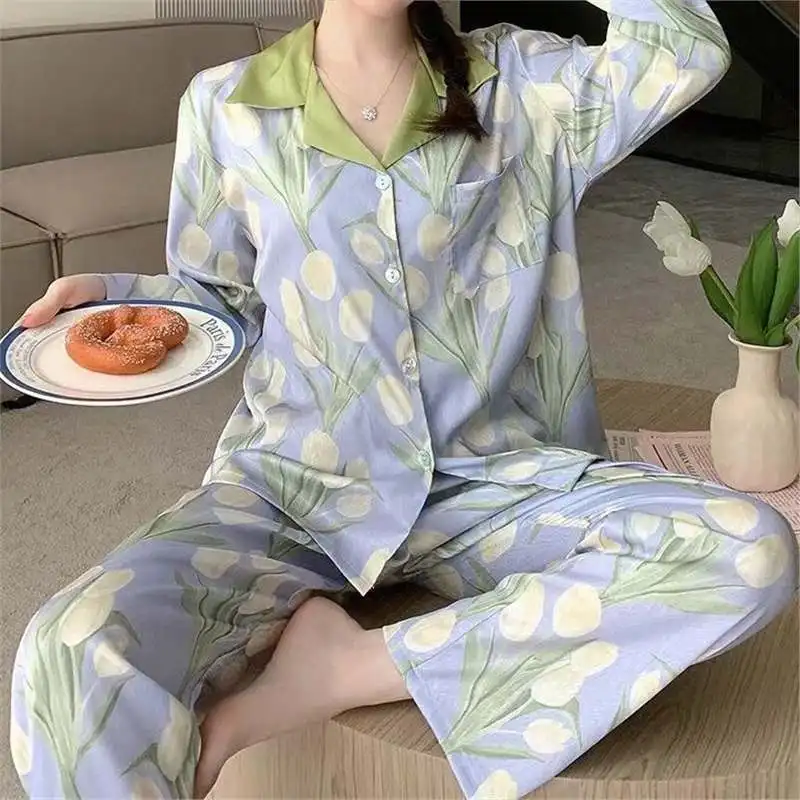 Ice Silk Pyjamas Female 2024 Summer New Sense of Light Luxury Long-Sleeved Thin Section of Homewear Suit Can Be Worn Outside