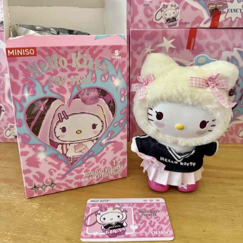 Neu auf Lager – Miniso Hello Kitty Popstar Series Vinyl-Plüsch-Blindbox, süßes und modisches Kt-Katzen-Puppen-Taschenanhänger-Geschenk für Mädchen