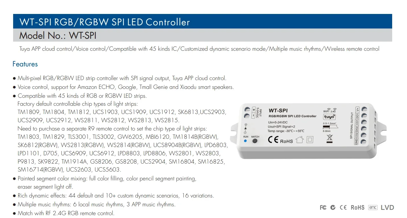 Tuya WiFi/Zigbee + RF SPI kontroler LED WT-SPI/WZ-SPI 1000Pixel dla RGB/RGBW WS2811 2812B SK6812 taśma LED/reflektor SPI DC5-24V