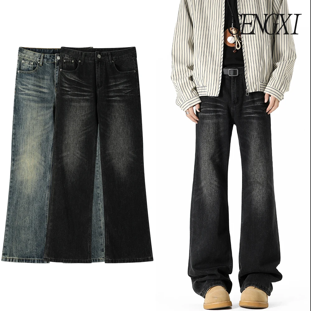 

New high-street micro-large men's jeans retro washed do old high-waisted straight trousers casual big yards wide-leg trousers