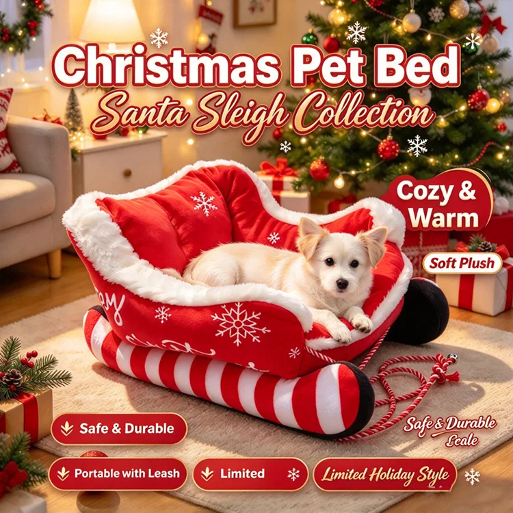 Christmas Sleigh Bed Removable Washable Plush Pet Warm Sofa with Non-Slip Base Christmas Cat Dog Nest for Winter Indoor Outdoor