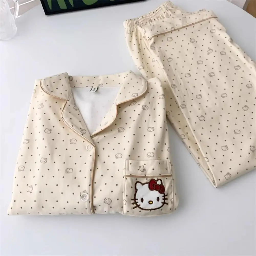 

Sanrio Anime 2Pcs Women Pajamas Suit Cartoon Hello Kitty Loose Homewear Leisure Long Sleeve Pants Kawaii Girls Nightgown Suit