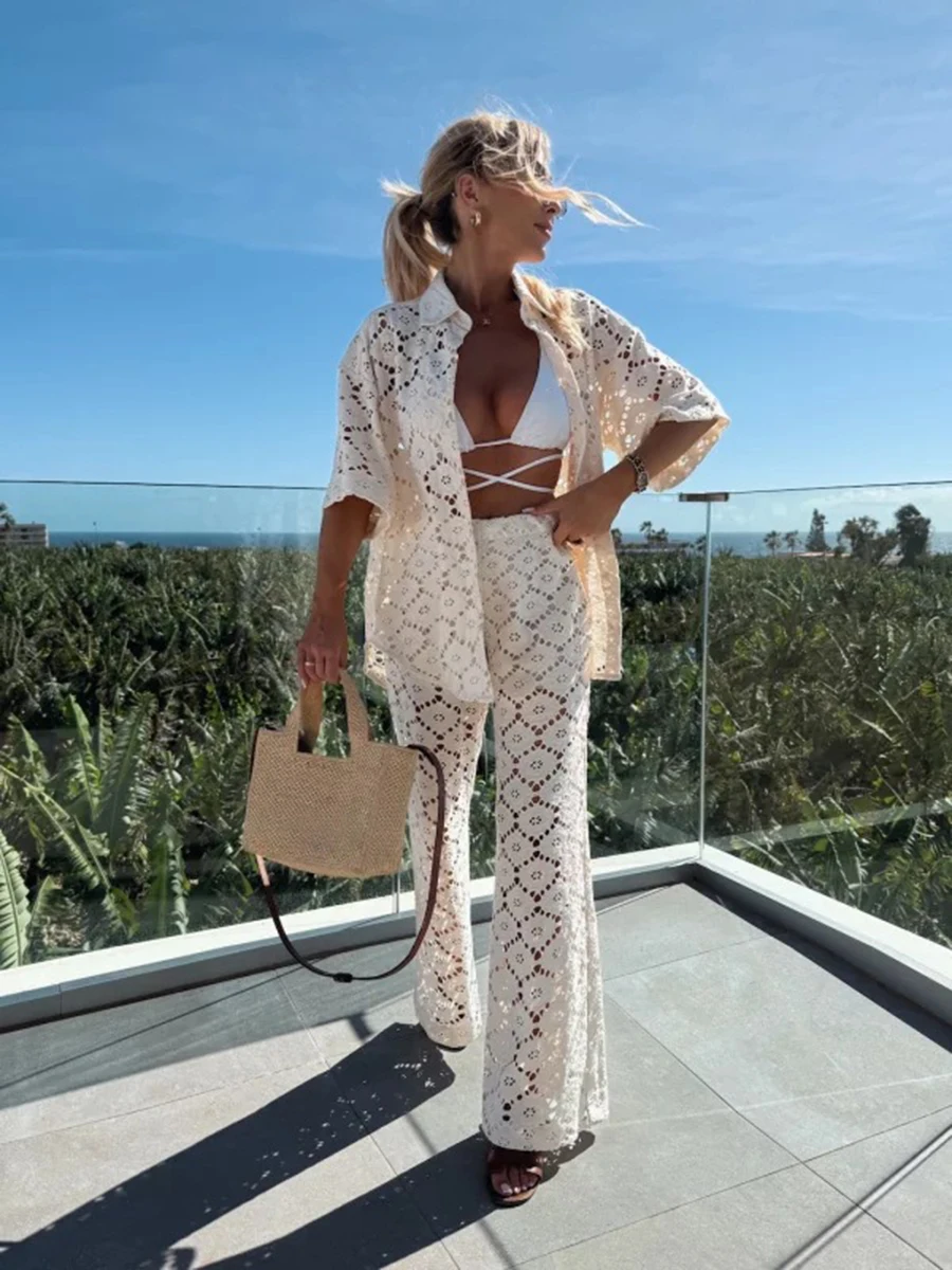 

White Crochet Hollow Out Pants Sets Women Turndown Collar Short Sleeve Blouses Summer Casual Fashion Holiday Sheer 2 Piece Set