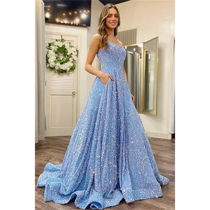 Customized Long Evening Party Gowns Spaghetti Straps Sequin Prom Dresses 2025 Long Sparkly A Line Formal Ball Gowns with Pockets #3