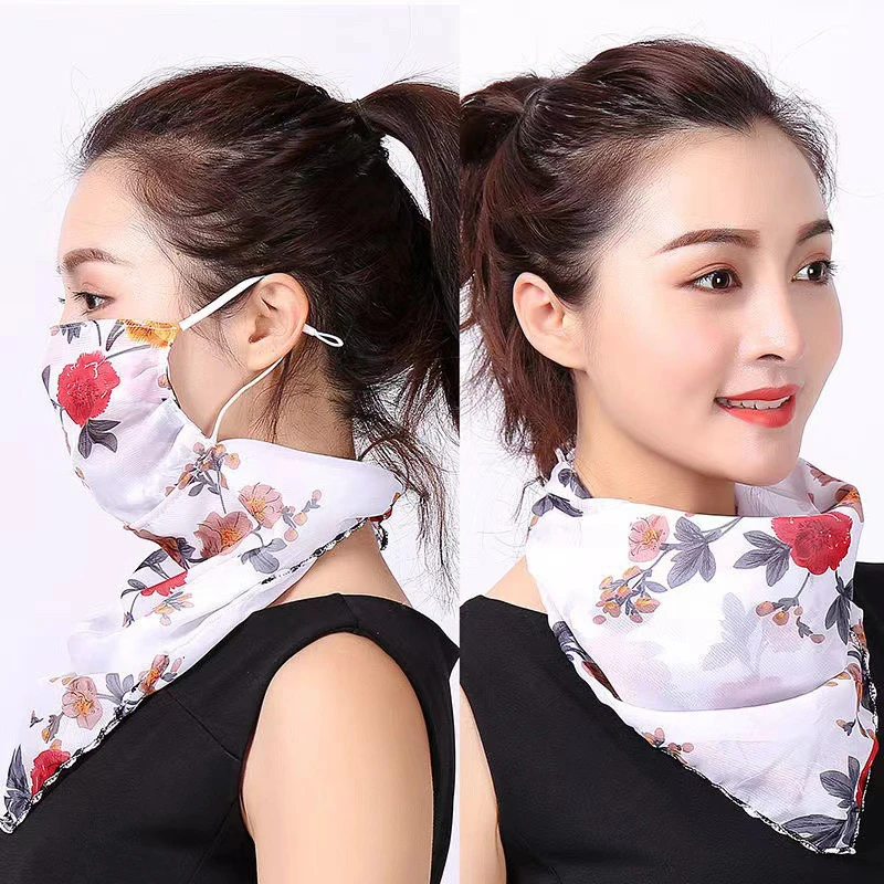 1Pc Women Sun Mask Chiffon Neck Gaiter Hang Ear Chiffon Breathable Balaclava Full Face Mask Ear Loops Dust Wind UV