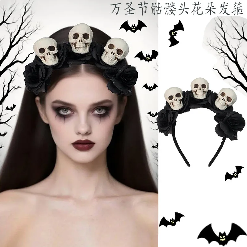 Halloween Trendy Personality Dark Dress Skull Death Rose Headwear Headband Hair Accessories Bat