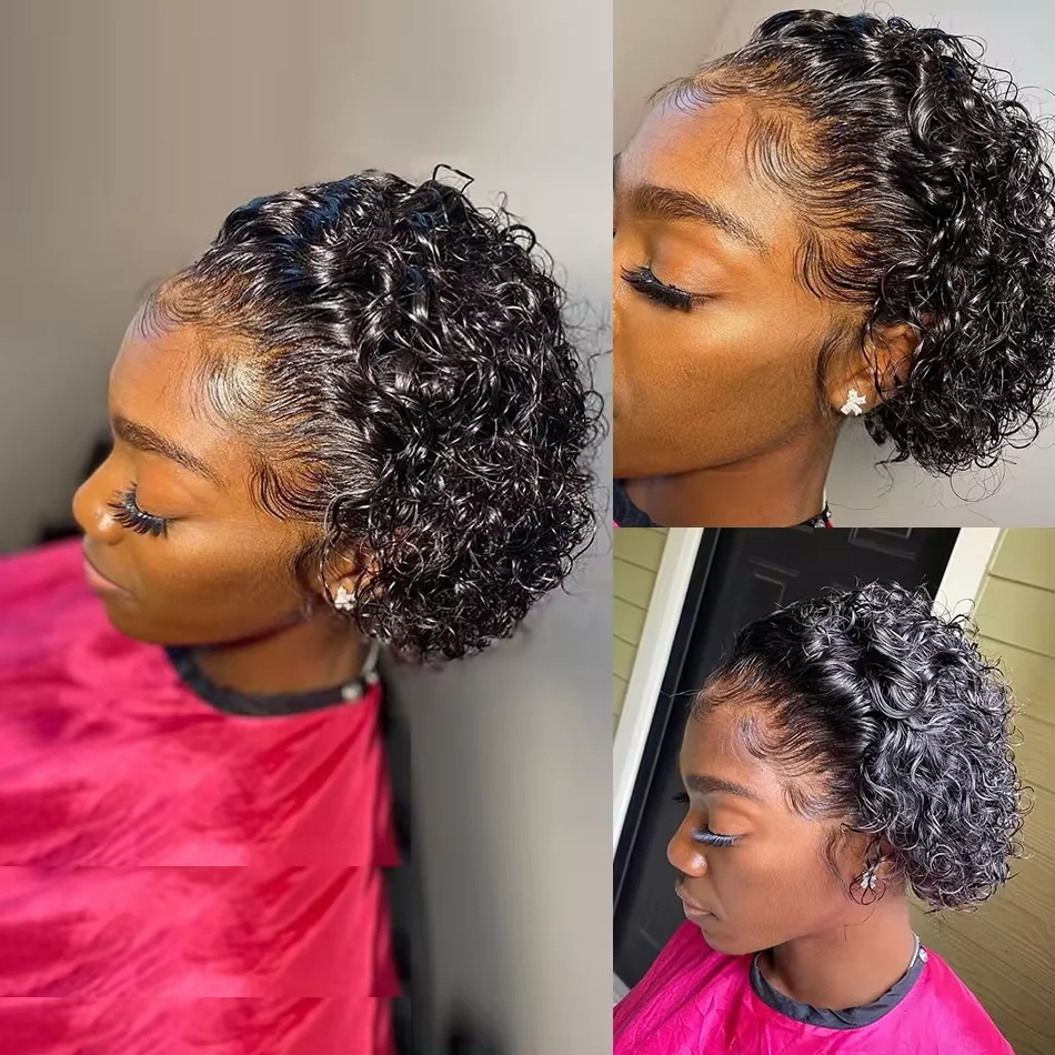 Perruque Bob Lace Front Wig naturelle bouclée, cheveux caution, coupe Pixie 13x4, 13x1, pre-plucked, densité 180%, 1b