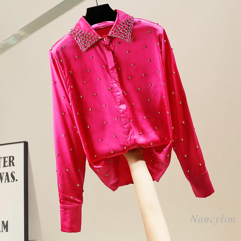 

European Style Spring Women's Elegant Rose Red Blouse New Fashion Heavy Industry Lapel Rhinestone Beaded Shirt Long Sleeve Top