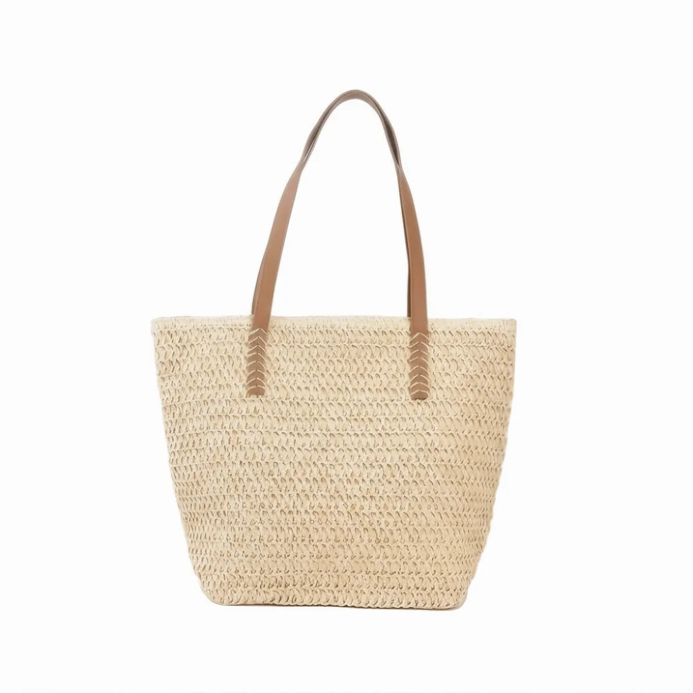 Bolso de mano de rafia tejido de color liso a la moda con cremallera, bolso de playa de gran capacidad, bolso de hombro cuadrado para niñas