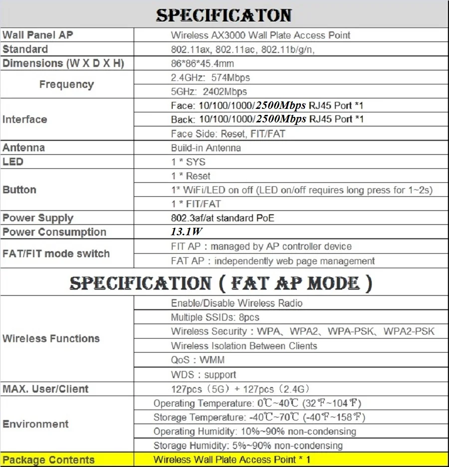 2* 2.5G RJ45 Port 3000Mbps in Wall AP WiFi6 project Indoor AP 802.11AX Access Point 2.4GHz 574Mbps 5GHz 2402Mbps PoE PowerSupply