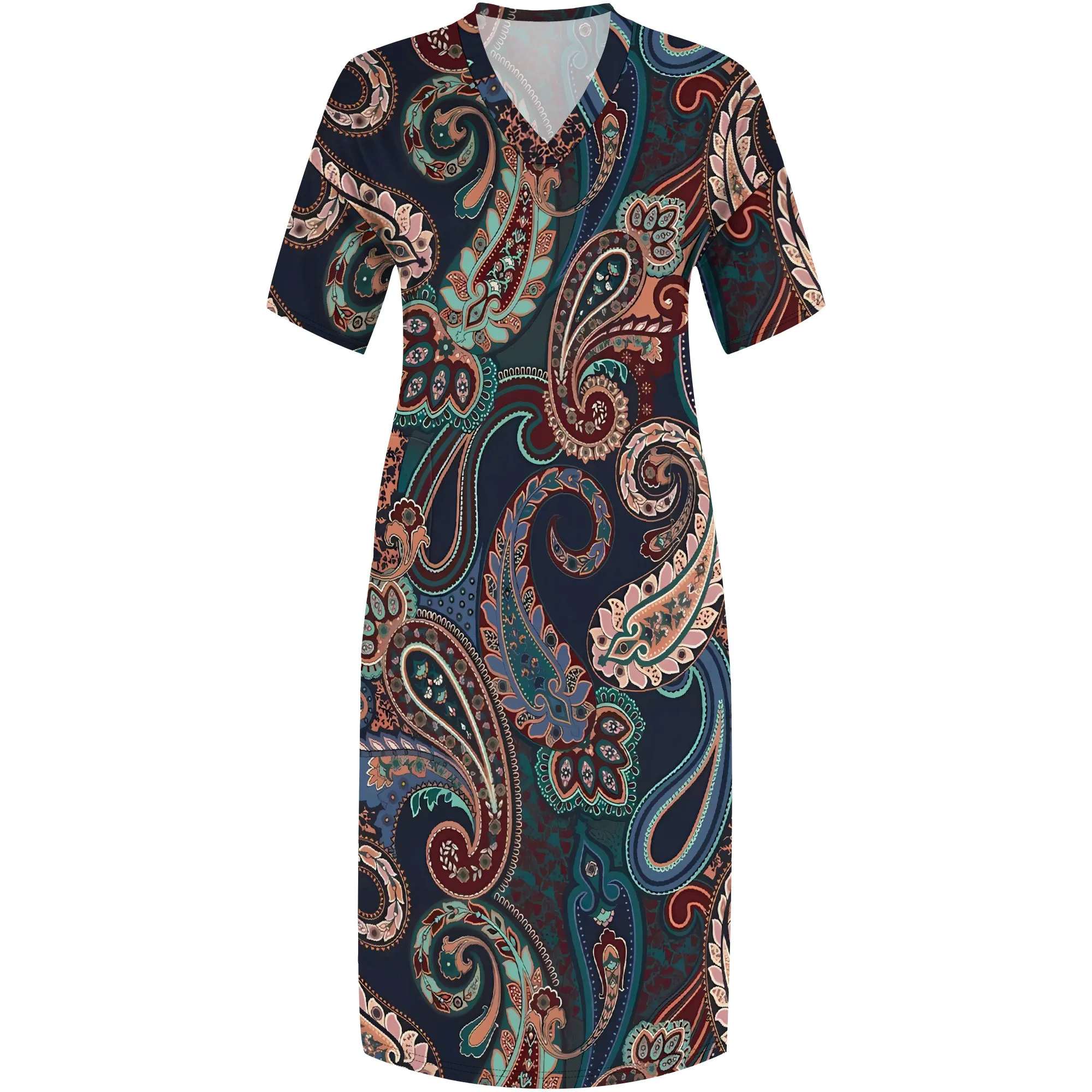 Vestido Nupusa com estampa paisley para mulheres plus size verão casual decote em V vestido maxi de manga curta
