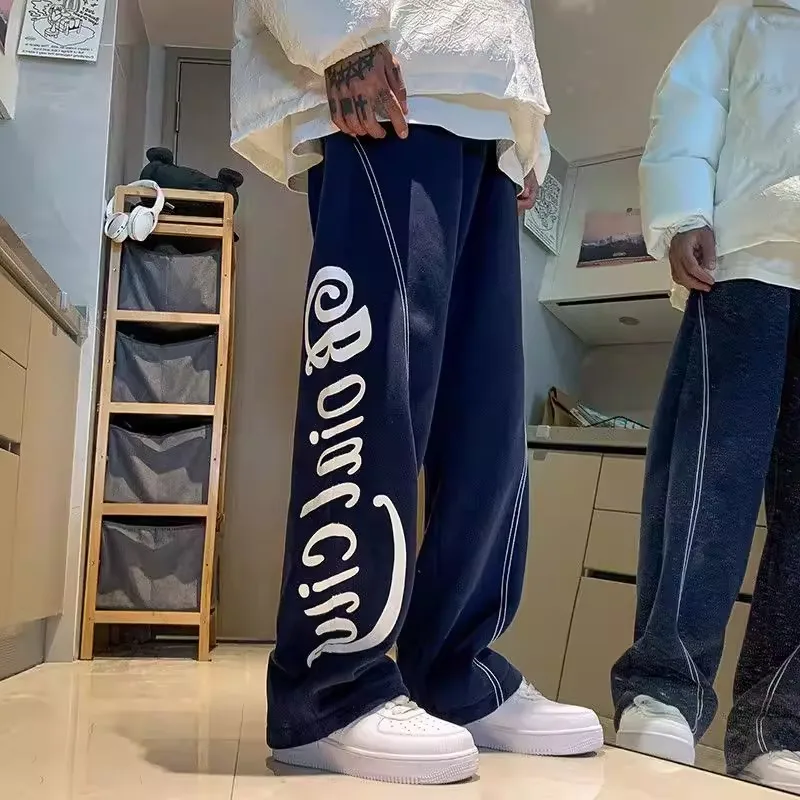 Summer Large Size 300 Pounds Hong Kong Style Retro High Street Letter Men's Casual Pants Straight Leg Sporty Trendy Brand