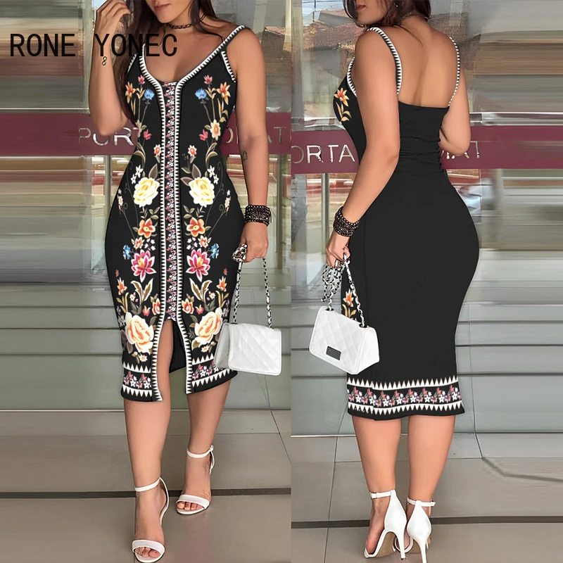 Women Floral Pattern Thick Straps Sleeveless Button Decoration Small Silt Midi Bodycon Sexy Knitting Dress