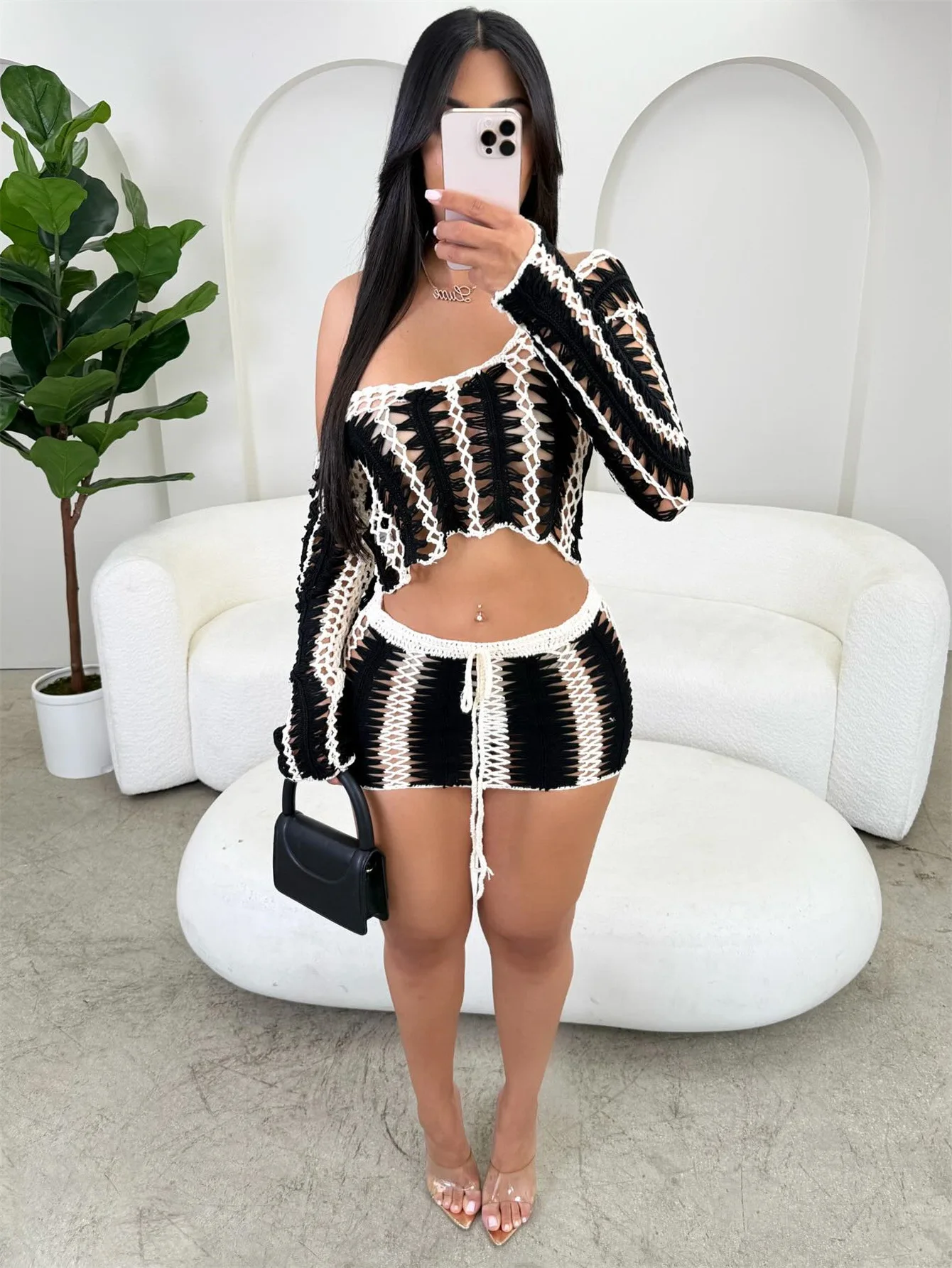 

Summer Sexy V-Neck Hollow-Out Fitted Dress two pieces Vacation Backless Knitted Dress Beach Banquet Vestidos
