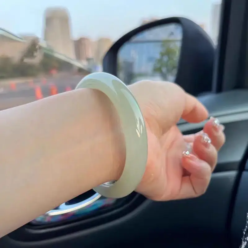 Hetian Qingshui Women'S , Qinghai Light Flat Bar Green-White Jade Bracelet, Type
