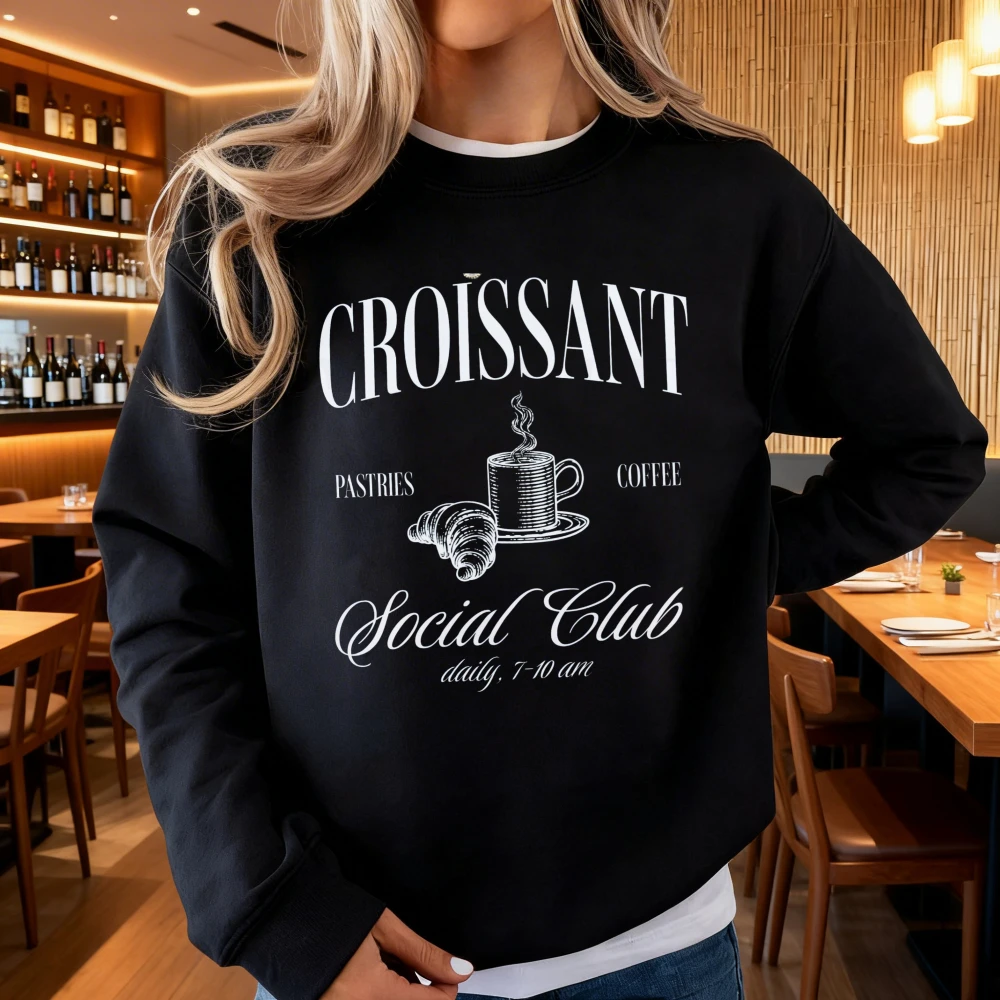 

Свитшот Croissant Social Club в стиле ретро с принтом кофе и выпечки, пуловер с круглым вырезом, графический пуловер с изображением еды, женский повседневный винтажный свитшот