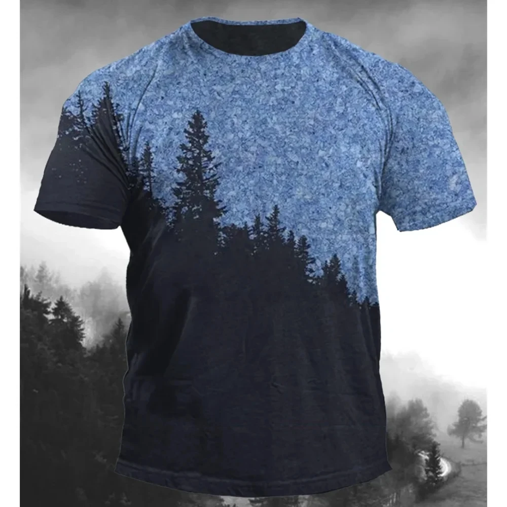 

Fashionable New Forest Tree Pattern Men's Printed T-shirt Street Fashion Harajuku Round Neck Large Comfortable Short Sleeve