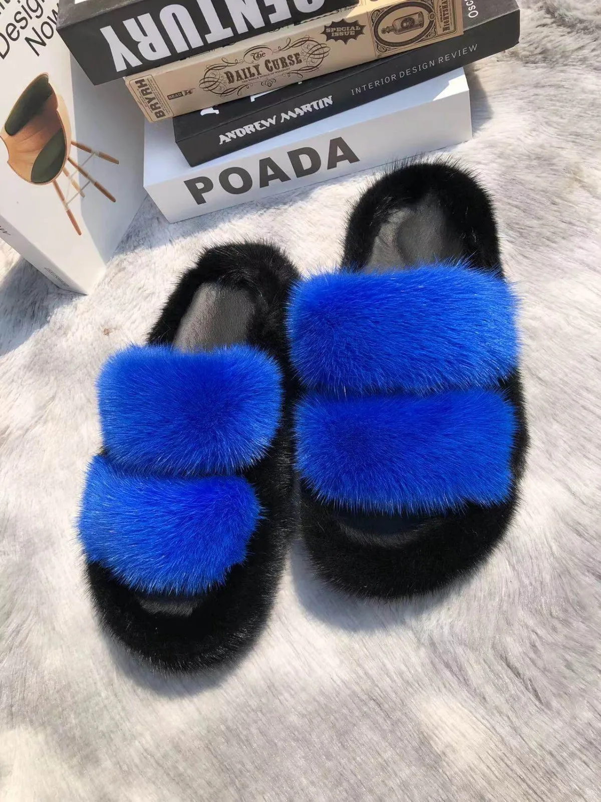 Trendige Plüsch-Hausschuhe für Damen, Echtfell-Nerz-Flauschige Pantoffeln, Warme Winter-Fellsandalen für Damen, Weiche Indoor-Damenschuhe – Detail 6