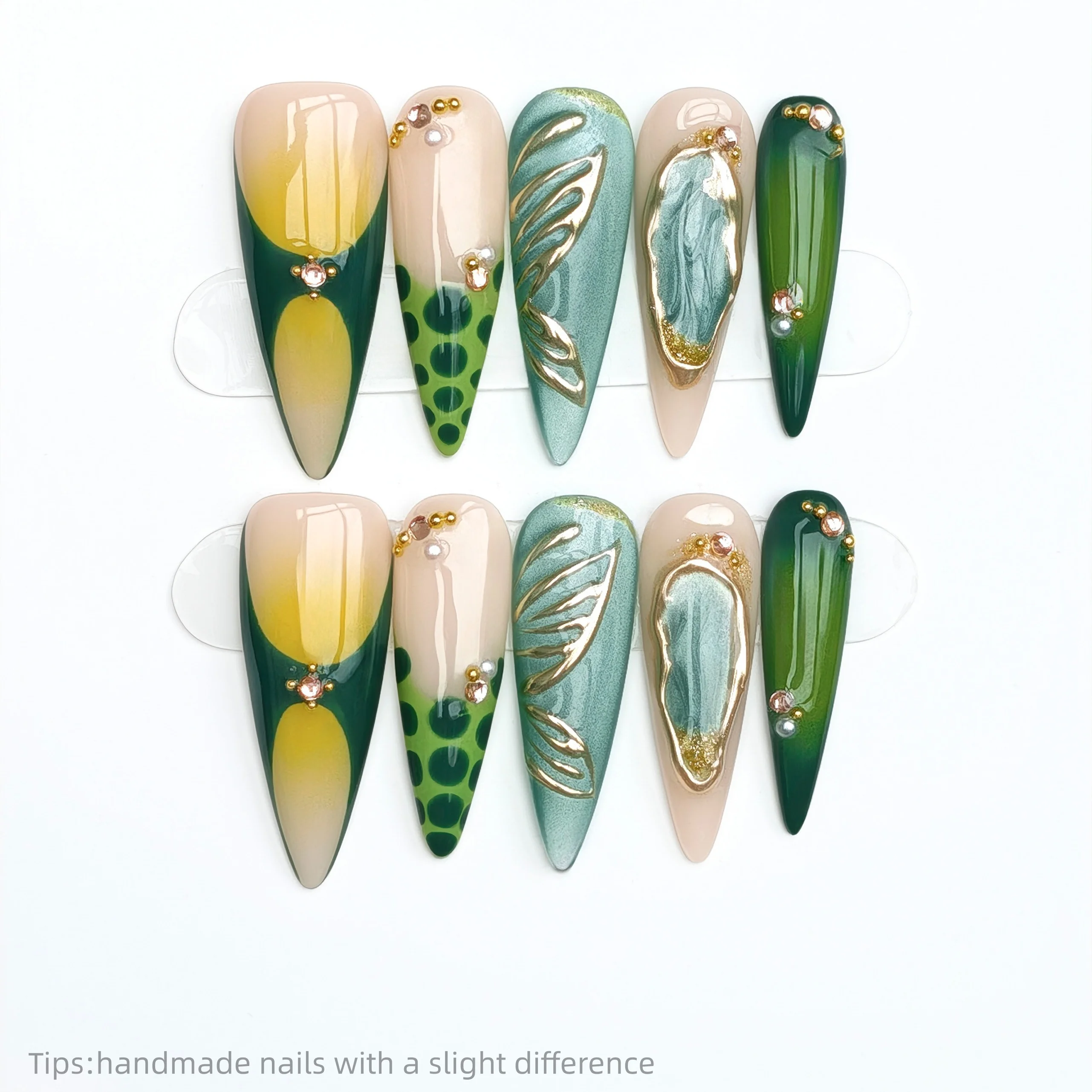 

10 шт., желтый, зеленый, темно-зеленый, художественный узор, накладные ногти, длинные, с полным покрытием, носимые, многоразовые, модные накладные ногти 20