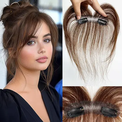 Clip-In Bangs for Women 100% Real Human Hair Middle Part Bangs Hair Pieces with Temples Curtain Bangs Topper with Baby Hairs