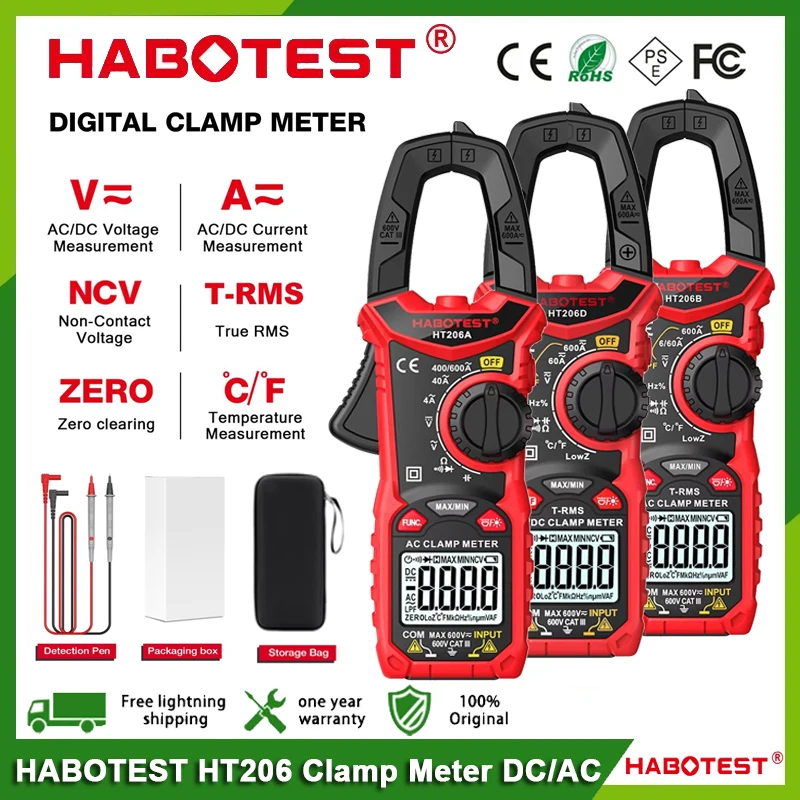 HABOTEST HT206A/B/D Digital Clamp Meter DC/AC Current 600A Multimeter Ammeter Voltage Tester Car Amp Hz Capacitance NCV Ohm Test