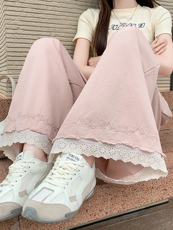 

Casual Lace Trim Loose Fit Thin Cotton Pants for Women Spring Summer New Style High Waist Wide Leg Casual Trousers