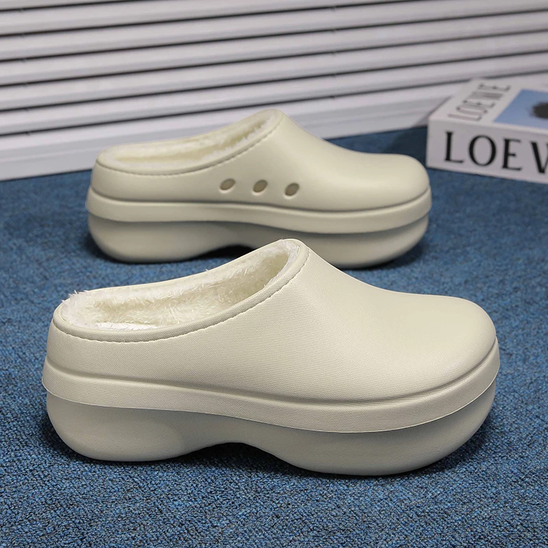 Unisex Winter Warm Slippers Chunky Platform Mules Plush Lined House Clogs Closed Toe Easy Clean Indoor Outdoor Shoes