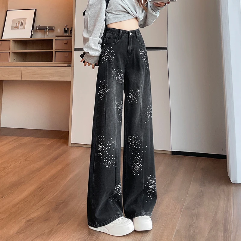 KSTUN Women's Rhinestone Wide Leg Jeans High Waist Black Loose Denim Pants American Vintage Streetwear Y2K Patchwork Trousers