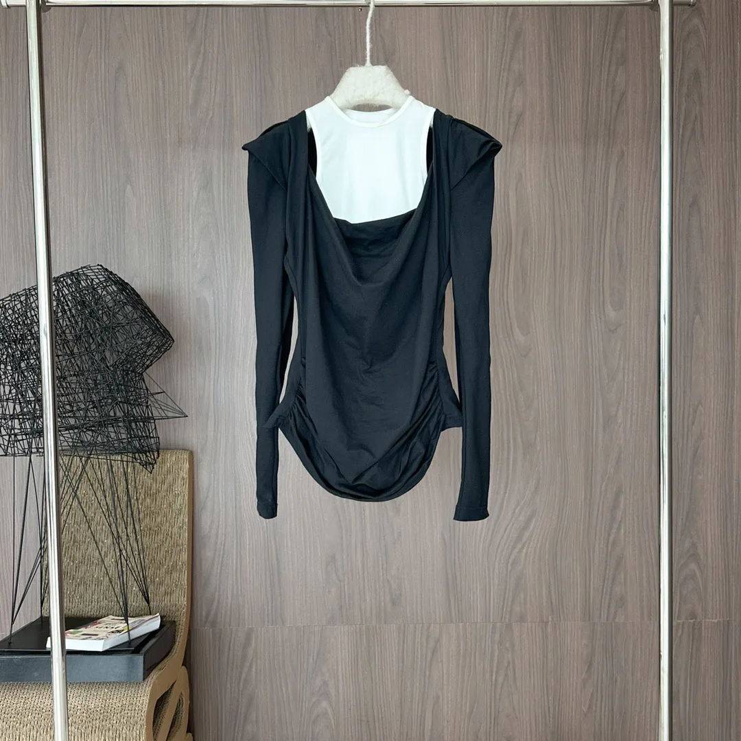 

2024 Women's Clothing Temperament pinch pleated shoulder push collar long sleeve T+ vest two-piece set New 309