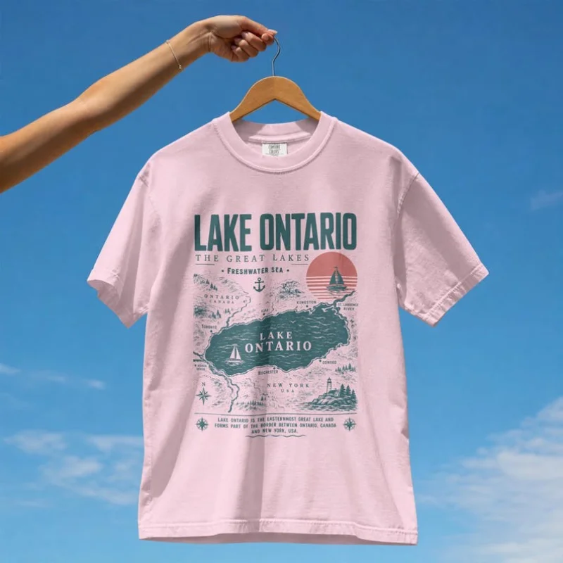 Lake Ontario Vintage Chart T‑Shirt Outdoor Travel Graphic Print Unisex Oversized Short Sleeve Adventure Casual Streetwear Tees