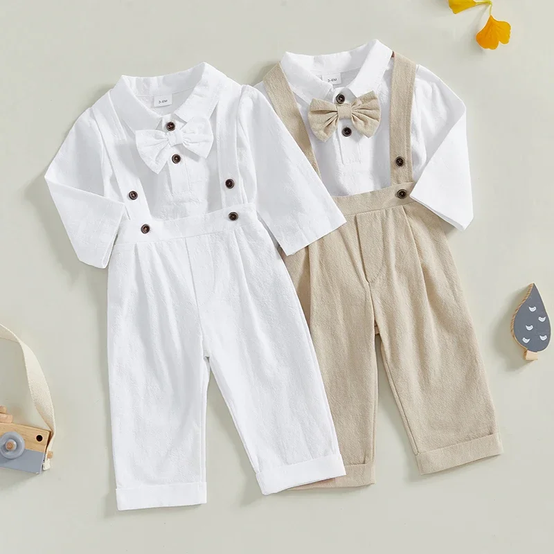 Baby Boy Gentleman Outfit Lapel Neck Long Sleeve Romper with Bowtie Elastic Waist Suspender Pants for Wedding Stage