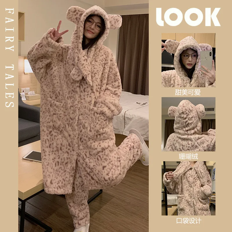 Coral Fleece Cute Nightgown Women Autumn And Winter Hooded Leopard Print Pajamas Home Wear Long Sleeved Thick Warm Bathrobe Gift