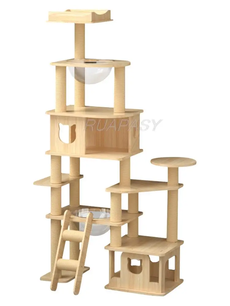 Multi-Level Wood Cat Tree Nest Pillar Cat Climbing Scratching Frame Shelf Space Capsule Scratcher Post Jumping Platform Tower