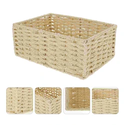 Rectangular Wicker Baskets for Storage, Shelf Organizer, Paper Rope Woven Holder, White Cream Rattan, 22x16x9cm, 1 PC