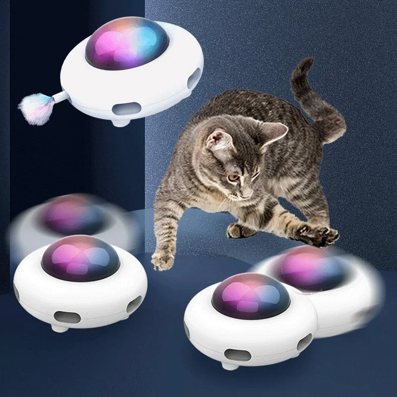 UFO Pet Turntable Catching Training Toys USB Charging Cat Teaser Replaceable Feather Interactive Auto Cat Toy Smart Teaser