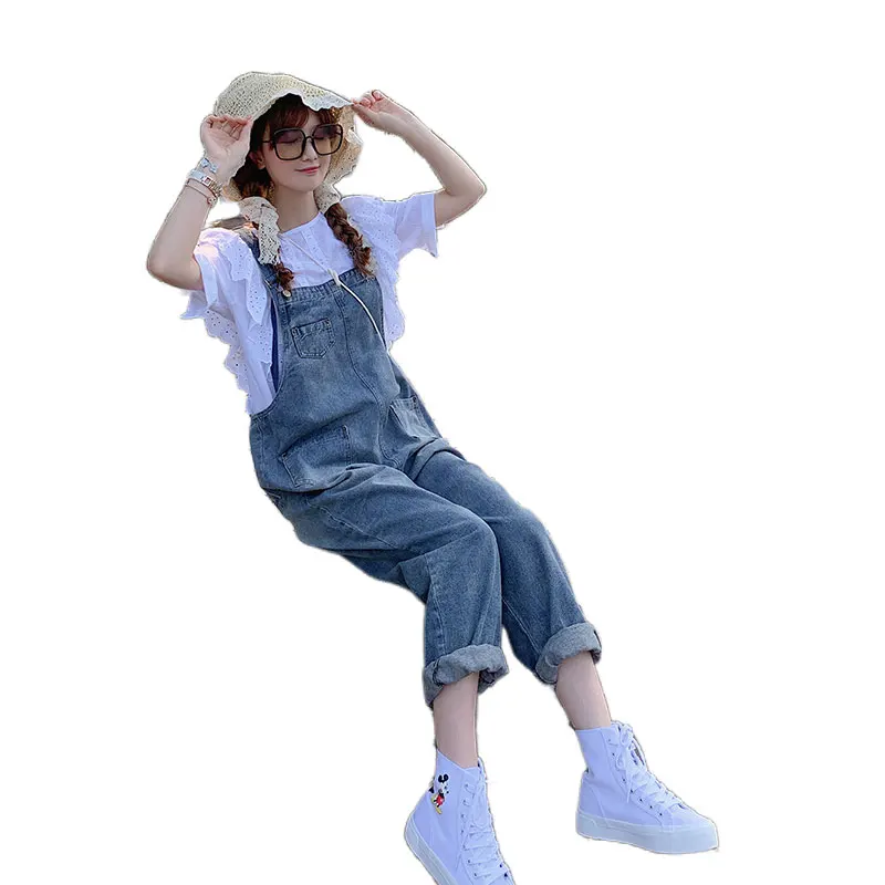 Damskie ogrodniczki dżinsowe vintage o luźnym kroju, na wiosnę i lato, modne, z wysokim stanem, metalowe, w kolorze błękitnym, postarzane, jasnoniebieskie, dziewięcioczęściowe.