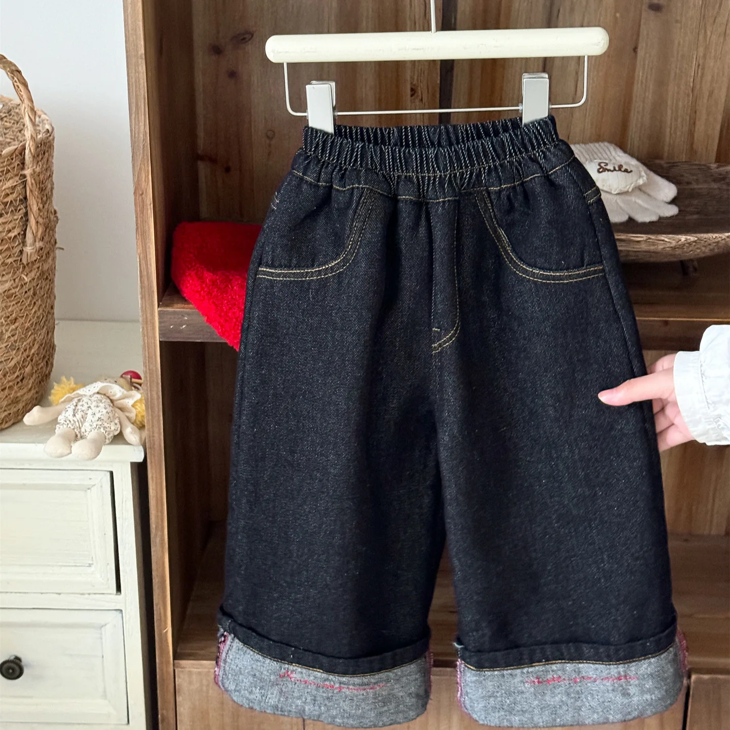 Girls' Rolled Edge Jeans Children's Thick Alpaca Fleece Straight Leg Pants Winter New Korean Version