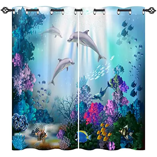 Cute Cartoon Dolphin Curtains Grommet Light Filtering Window Print Pattern Sea Animal Theme Curtain Bedroom Living Room 2 Panels